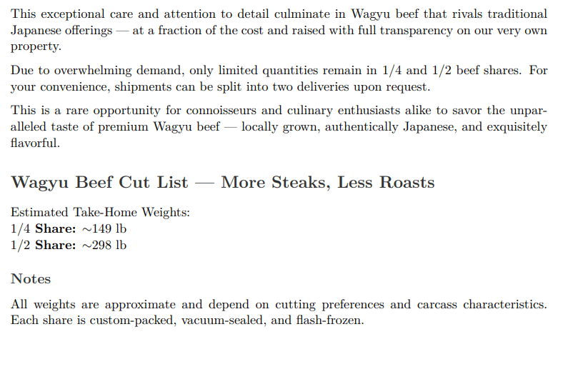 PursuitFarms RANCH Exclusive 100% Wagyu - 1/4 Cow, 1/2Cow Share - PursuitFarms